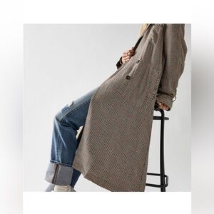 Free People Plaid Long Overcoat duster in Brown & Black